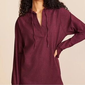 Loft Maroon Split Neck Long Sleeve Cotton Knit Tassel Top
